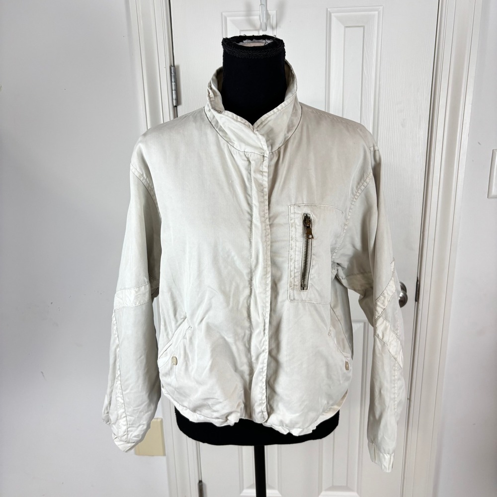 Young Fabulous & Broke Tencel Bomber Jacket Sand Beige Mock Neck Small